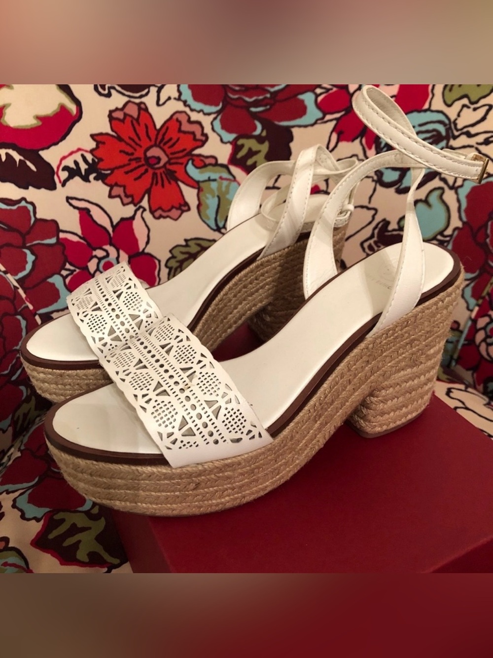 Tory Burch White Laser-Cut Espadrille Platform Sandals